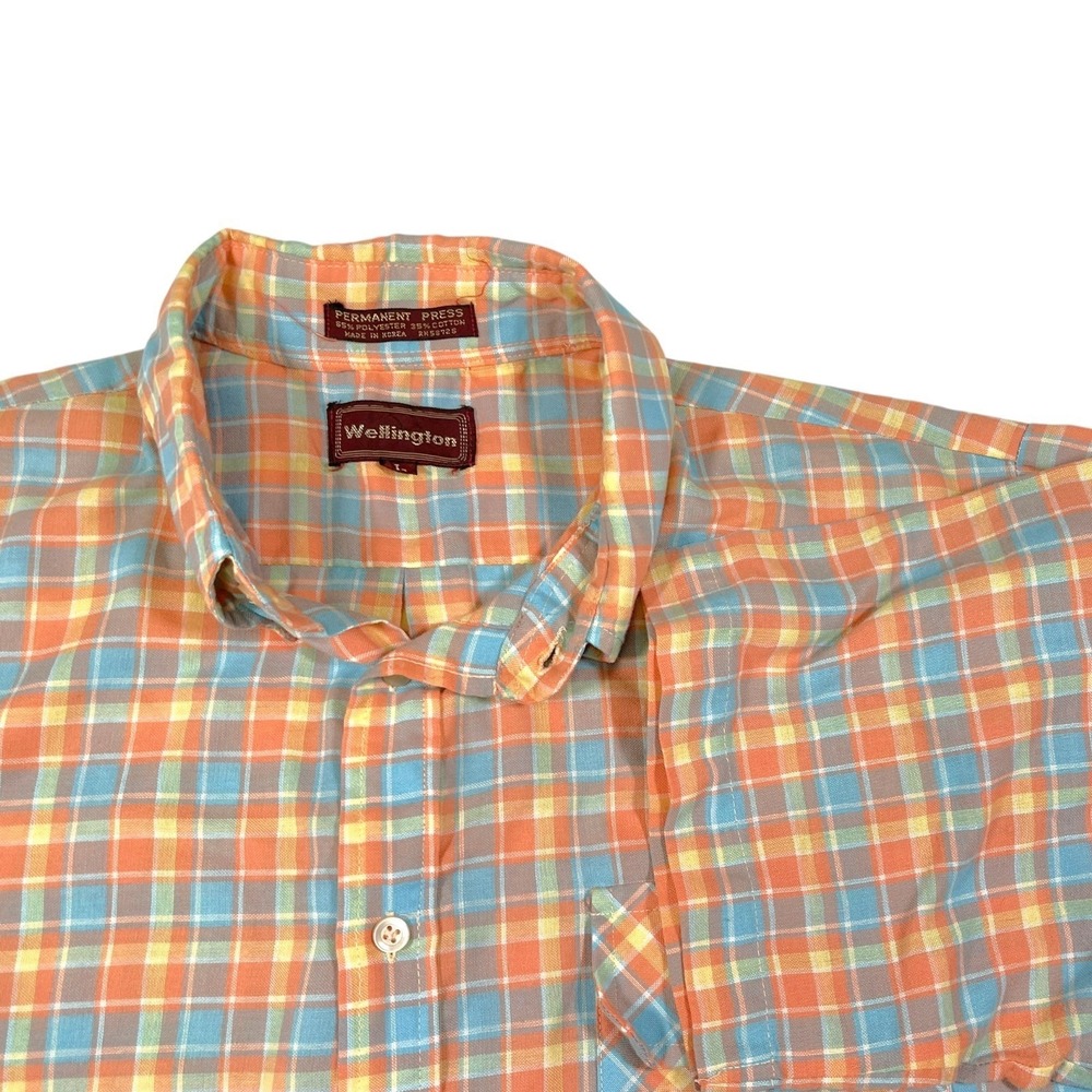 Wellington L Orange Blue Plaid Short Sleeve Button Down Shirt Retro Pastel Prep